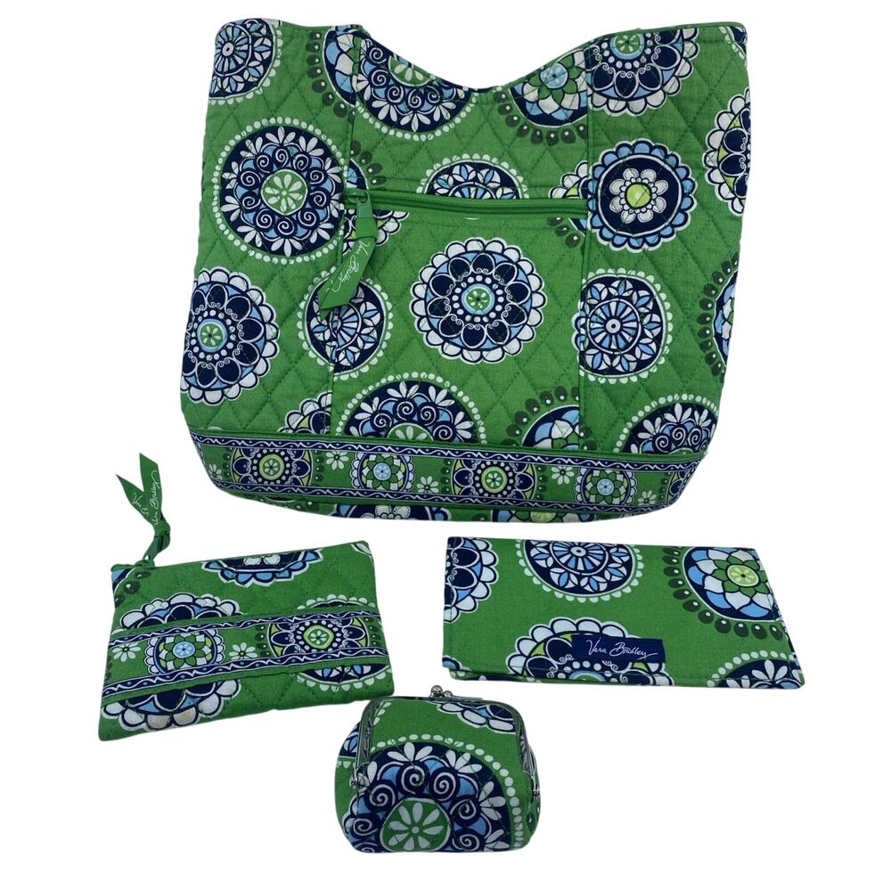 Vera Bradley Green Medallion 4 Piece Set w/ Tote, Coin Purse, Wallet, & ID Case